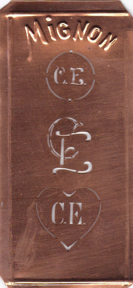 CE - Hübsche alte Kupfer Schablone mit 3 Monogramm-Ausführungen