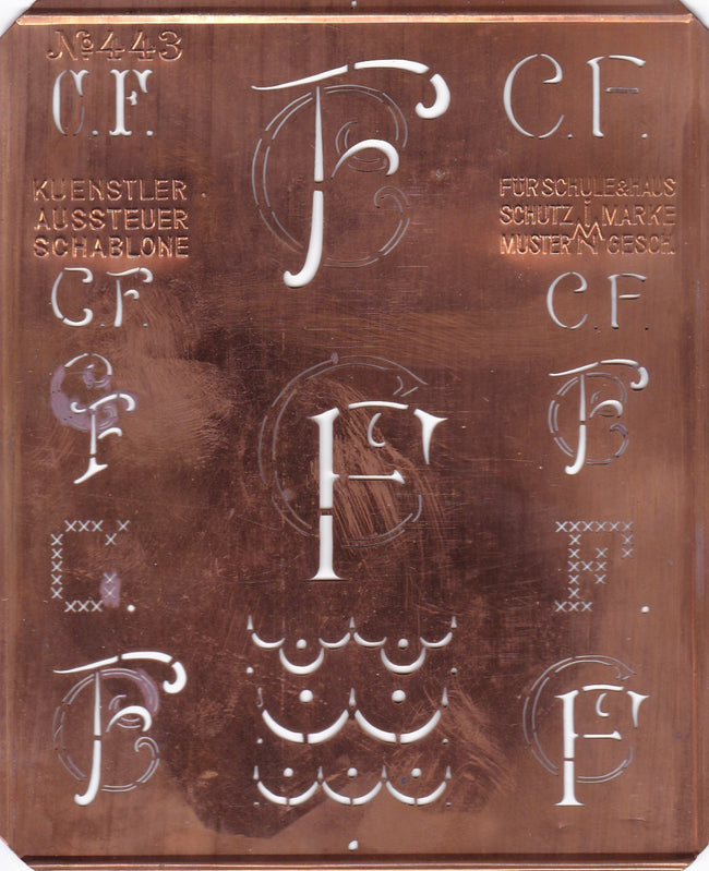 CF - Uralte Monogrammschablone aus Kupferblech