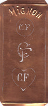 CF - Hübsche alte Kupfer Schablone mit 3 Monogramm-Ausführungen