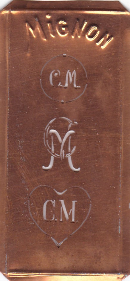 CM - Hübsche alte Kupfer Schablone mit 3 Monogramm-Ausführungen