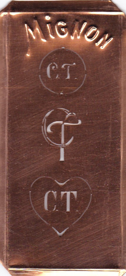 CT - Hübsche alte Kupfer Schablone mit 3 Monogramm-Ausführungen