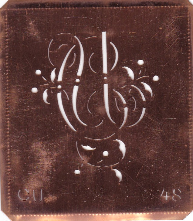 CU - Alte Schablone aus Kupferblech mit klassischem verschlungenem Monogramm 