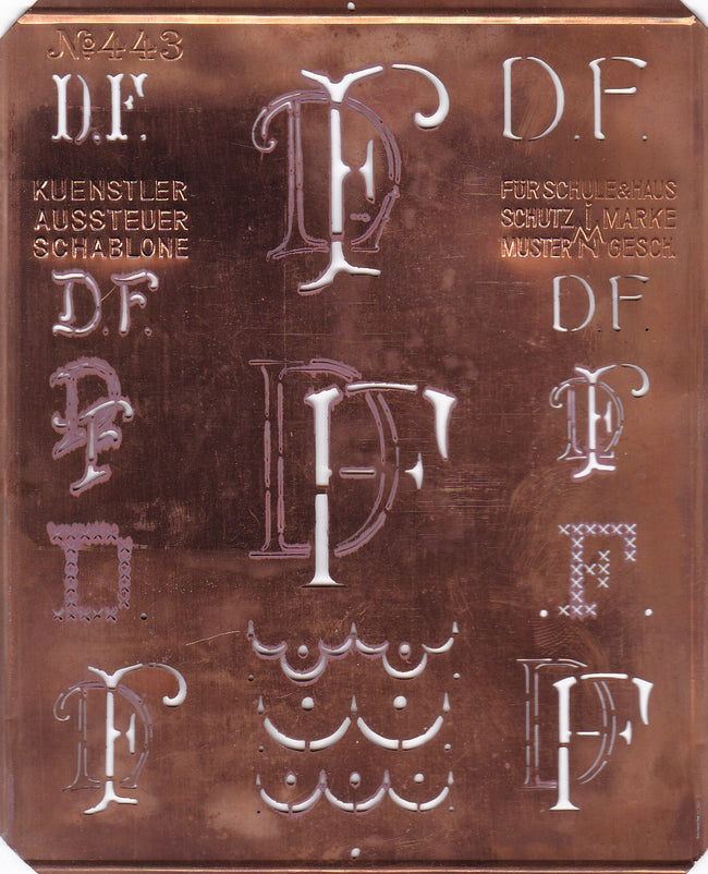 DF - Uralte Monogrammschablone aus Kupferblech