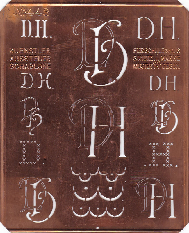 DH - Uralte Monogrammschablone aus Kupferblech