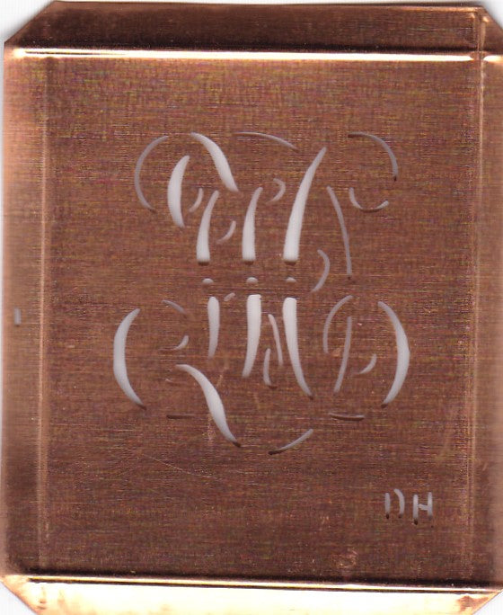 DH - Hübsche alte Kupfer Schablone mit 3 Monogramm-Ausführungen