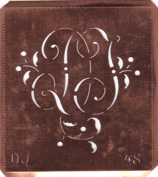 DJ - Alte Schablone aus Kupferblech mit klassischem verschlungenem Monogramm 