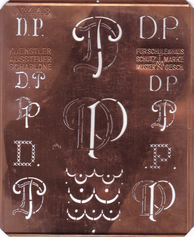 DP - Uralte Monogrammschablone aus Kupferblech