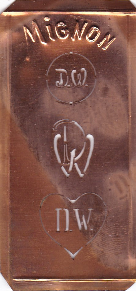 DW - Hübsche alte Kupfer Schablone mit 3 Monogramm-Ausführungen
