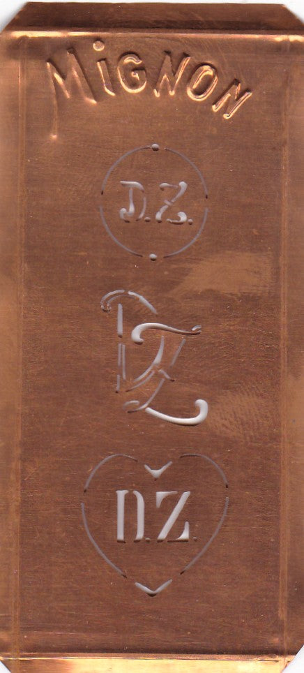 DZ - Hübsche alte Kupfer Schablone mit 3 Monogramm-Ausführungen