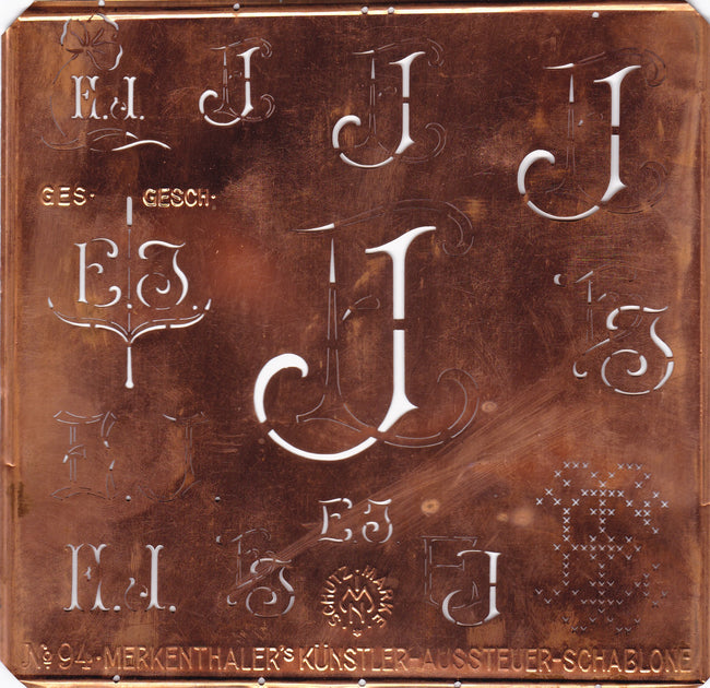 EJ - Sehr große und dekorative Kupfer Schablone mit 13 Monogrammvariationen