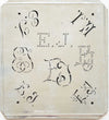 EJ - Alte Monogrammschablone aus Zink-Blech mit 8 Variationen