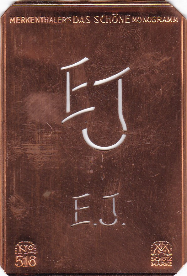 EJ - Alte sachlich designte Monogrammschablone zum Sticken
