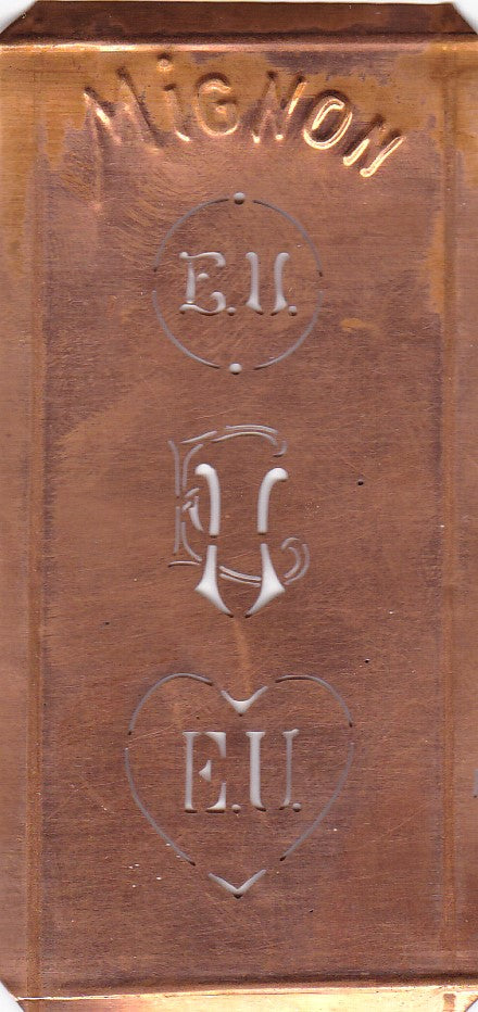 EU - Hübsche alte Kupfer Schablone mit 3 Monogramm-Ausführungen