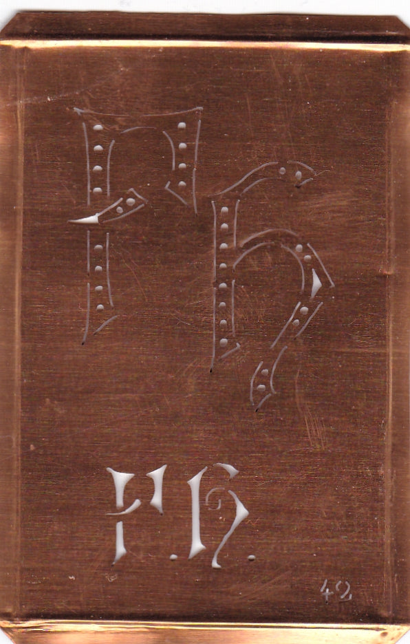 FH - Interessante alte Kupfer-Schablone zum Sticken von Monogrammen