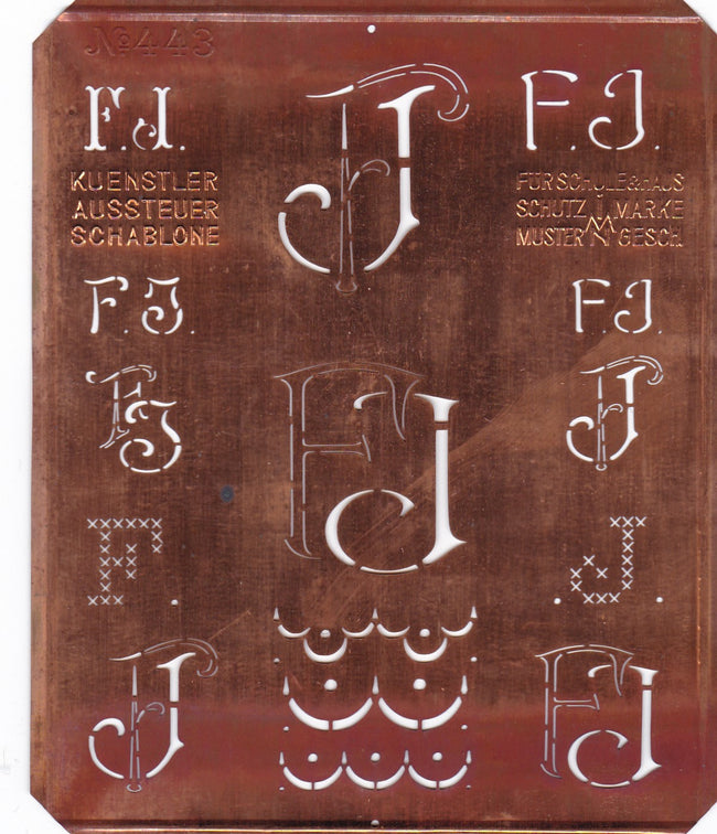 FJ - Uralte Monogrammschablone aus Kupferblech
