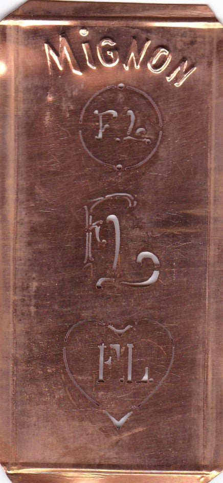 FL - Hübsche alte Kupfer Schablone mit 3 Monogramm-Ausführungen