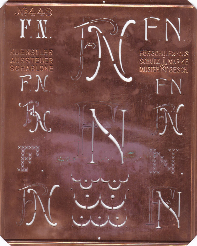 FN - Uralte Monogrammschablone aus Kupferblech