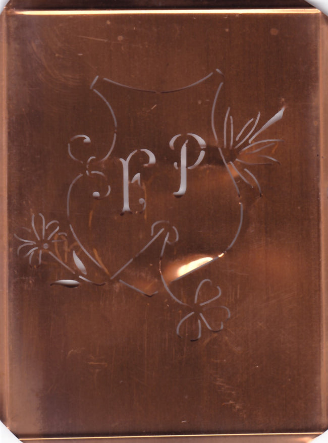 FP - Seltene Stickvorlage - Uralte Wäscheschablone mit Wappen - Medaillon