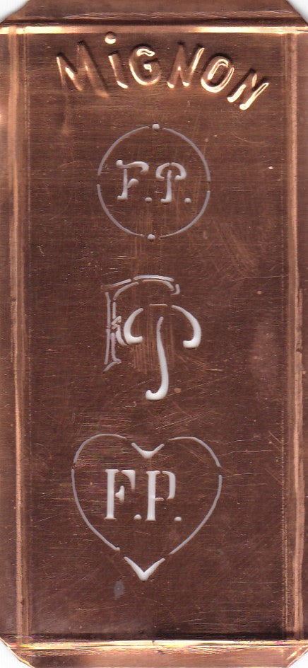 FP - Hübsche alte Kupfer Schablone mit 3 Monogramm-Ausführungen