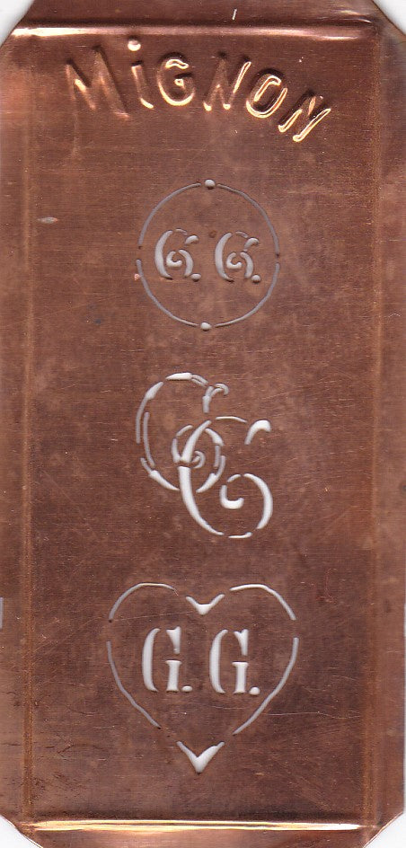 GG2 - Hübsche alte Kupfer Schablone mit 3 Monogramm-Ausführungen