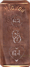 GJ - Hübsche alte Kupfer Schablone mit 3 Monogramm-Ausführungen