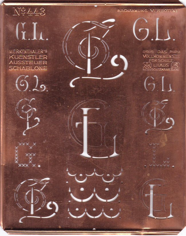 GL - Uralte Monogrammschablone aus Kupferblech