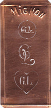 GL - Hübsche alte Kupfer Schablone mit 3 Monogramm-Ausführungen