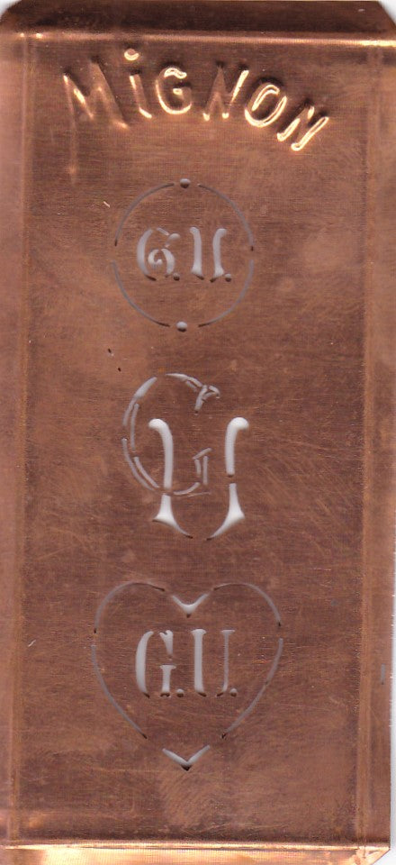GU - Hübsche alte Kupfer Schablone mit 3 Monogramm-Ausführungen