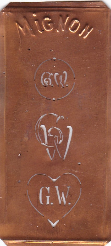 GW - Hübsche alte Kupfer Schablone mit 3 Monogramm-Ausführungen