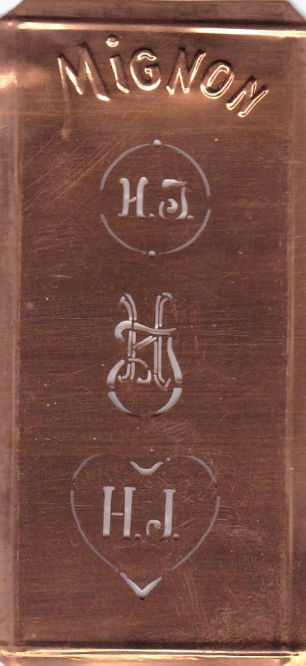 HJ - Hübsche alte Kupfer Schablone mit 3 Monogramm-Ausführungen