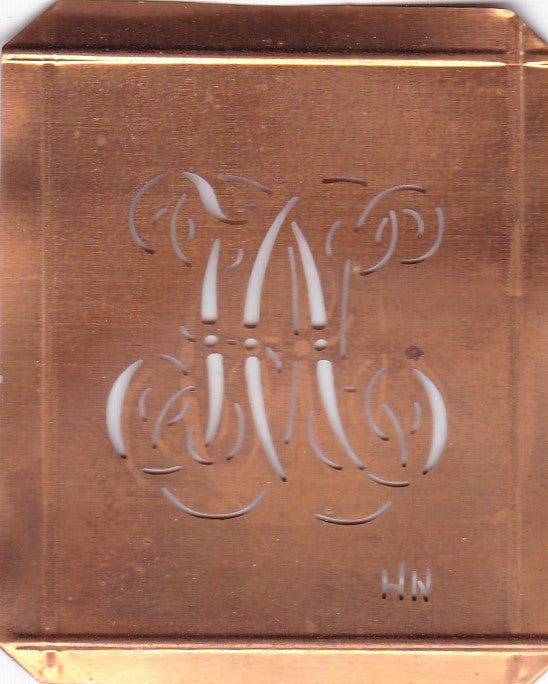 HN - Hübsche alte Kupfer Schablone mit 3 Monogramm-Ausführungen