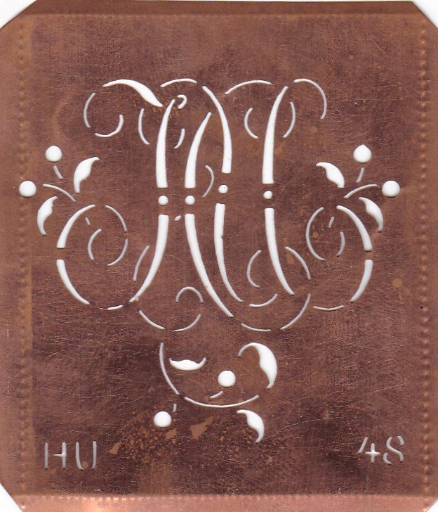 HU - Alte Schablone aus Kupferblech mit klassischem verschlungenem Monogramm 