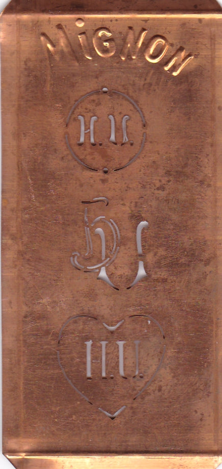 HU - Hübsche alte Kupfer Schablone mit 3 Monogramm-Ausführungen