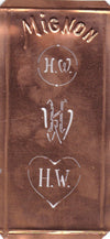 HW - Hübsche alte Kupfer Schablone mit 3 Monogramm-Ausführungen