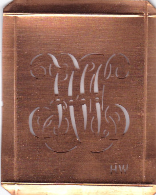 HW - Hübsche alte Kupfer Schablone mit 3 Monogramm-Ausführungen