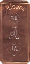 JA - Hübsche alte Kupfer Schablone mit 3 Monogramm-Ausführungen