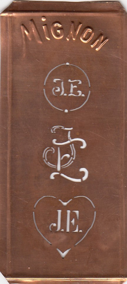 JE - Hübsche alte Kupfer Schablone mit 3 Monogramm-Ausführungen
