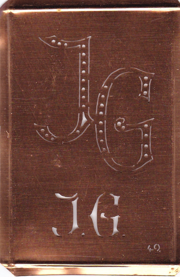 JG - Interessante alte Kupfer-Schablone zum Sticken von Monogrammen