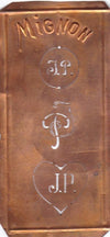 JP - Hübsche alte Kupfer Schablone mit 3 Monogramm-Ausführungen