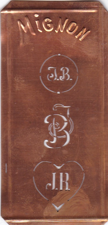 JR - Hübsche alte Kupfer Schablone mit 3 Monogramm-Ausführungen