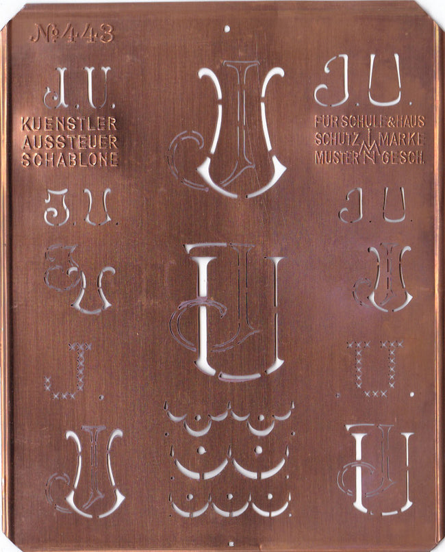 JU - Uralte Monogrammschablone aus Kupferblech