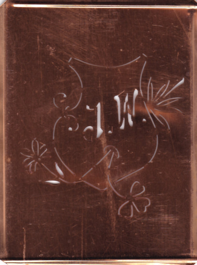 JW - Seltene Stickvorlage - Uralte Wäscheschablone mit Wappen - Medaillon