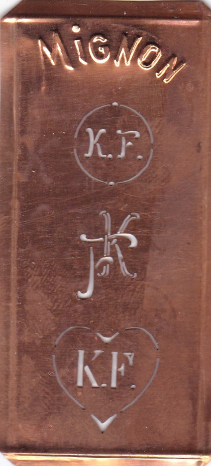 KF - Hübsche alte Kupfer Schablone mit 3 Monogramm-Ausführungen