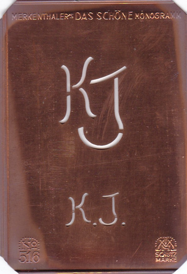 KJ - Alte sachlich designte Monogrammschablone zum Sticken