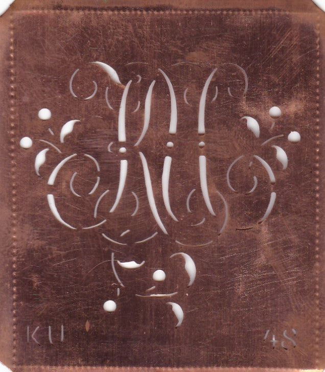KU - Alte Schablone aus Kupferblech mit klassischem verschlungenem Monogramm 