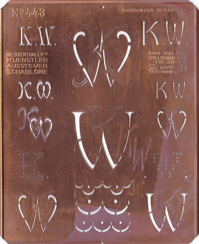 KW - Uralte Monogrammschablone aus Kupferblech