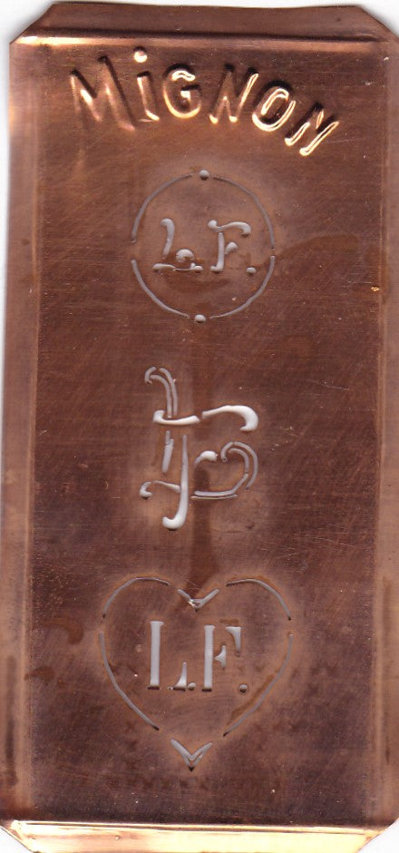 LF - Hübsche alte Kupfer Schablone mit 3 Monogramm-Ausführungen