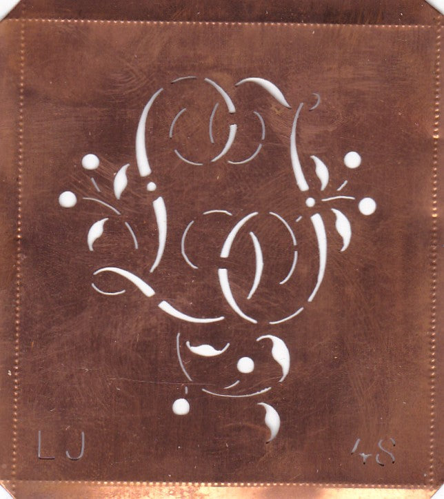 LJ - Alte Schablone aus Kupferblech mit klassischem verschlungenem Monogramm 