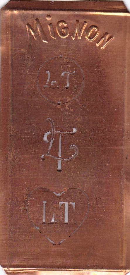 LT - Hübsche alte Kupfer Schablone mit 3 Monogramm-Ausführungen