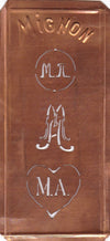MA - Hübsche alte Kupfer Schablone mit 3 Monogramm-Ausführungen